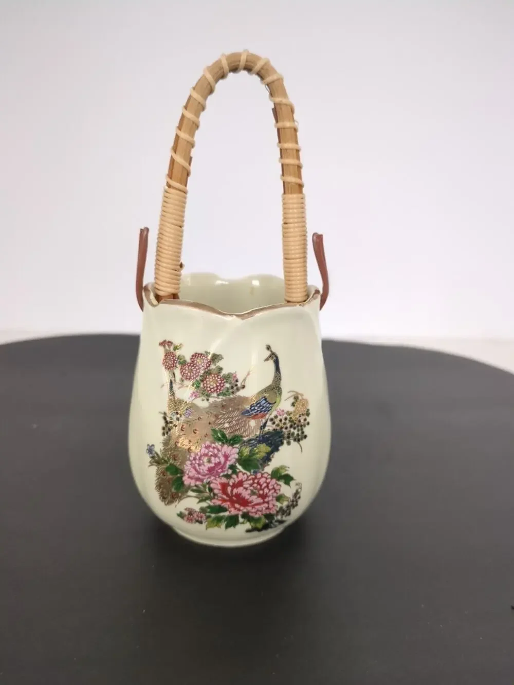 Vtg Asahi Japan Gold Peacock Kutani Small Vase Bamboo Handle